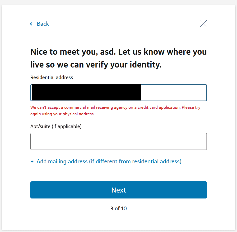 Capital One 地址预审被拒：地址框下方出现红色提示，不接受商业邮件接收代理地址
