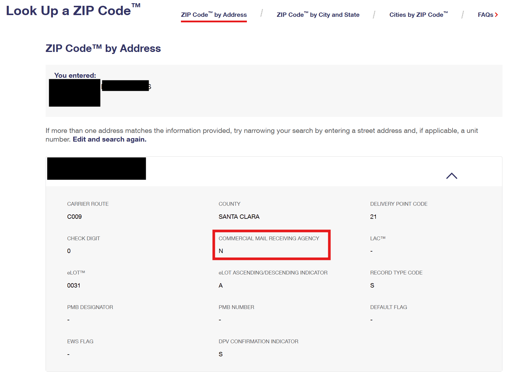 USPS ZIP Code Lookup 查询结果：COMMERCIAL MAIL RECEIVING AGENCY 显示 N